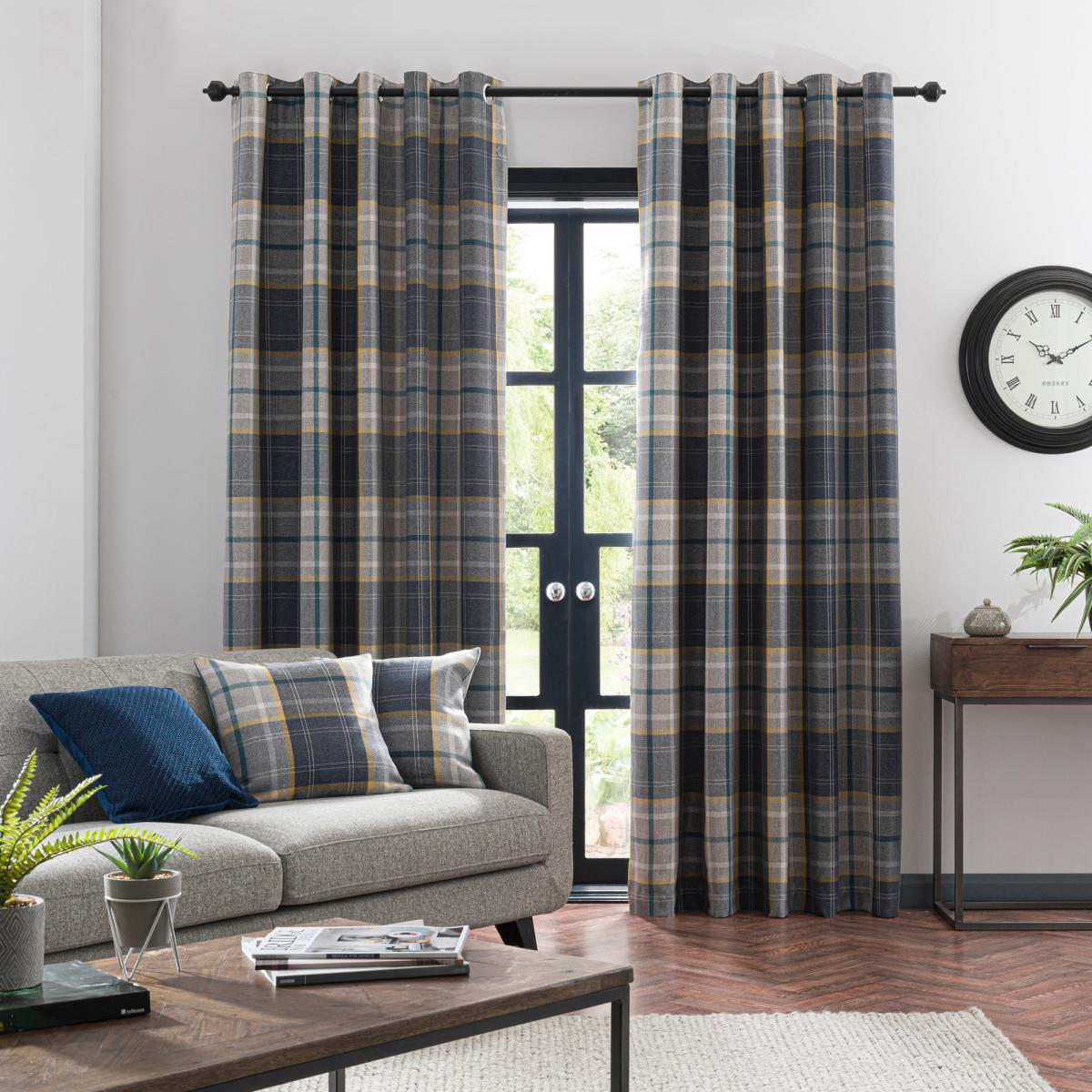 Astley Navy Check Eyelet Curtains Navy Blue, Yellow and Green – image 2