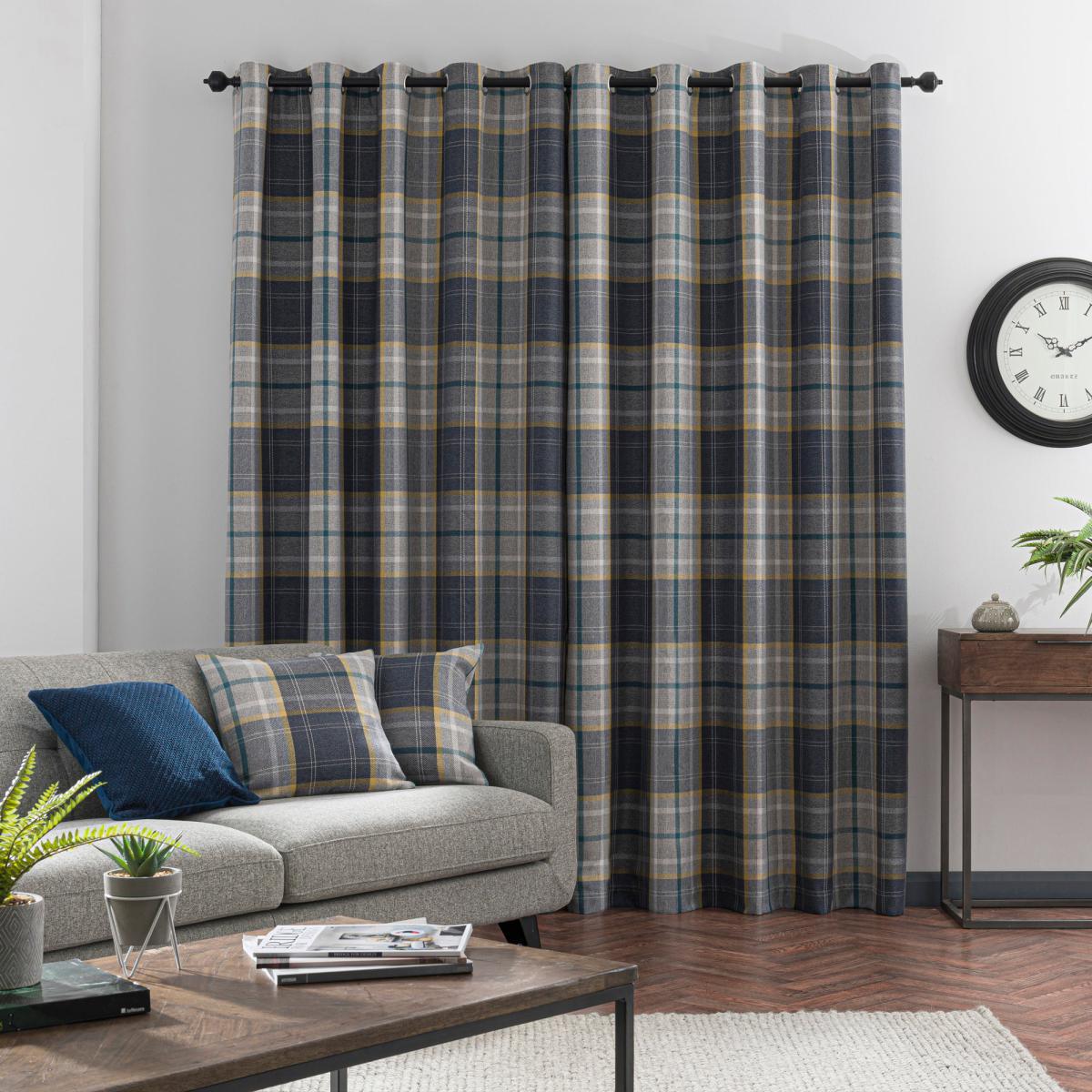 Astley Navy Check Eyelet Curtains Navy Blue, Yellow and Green – image 4