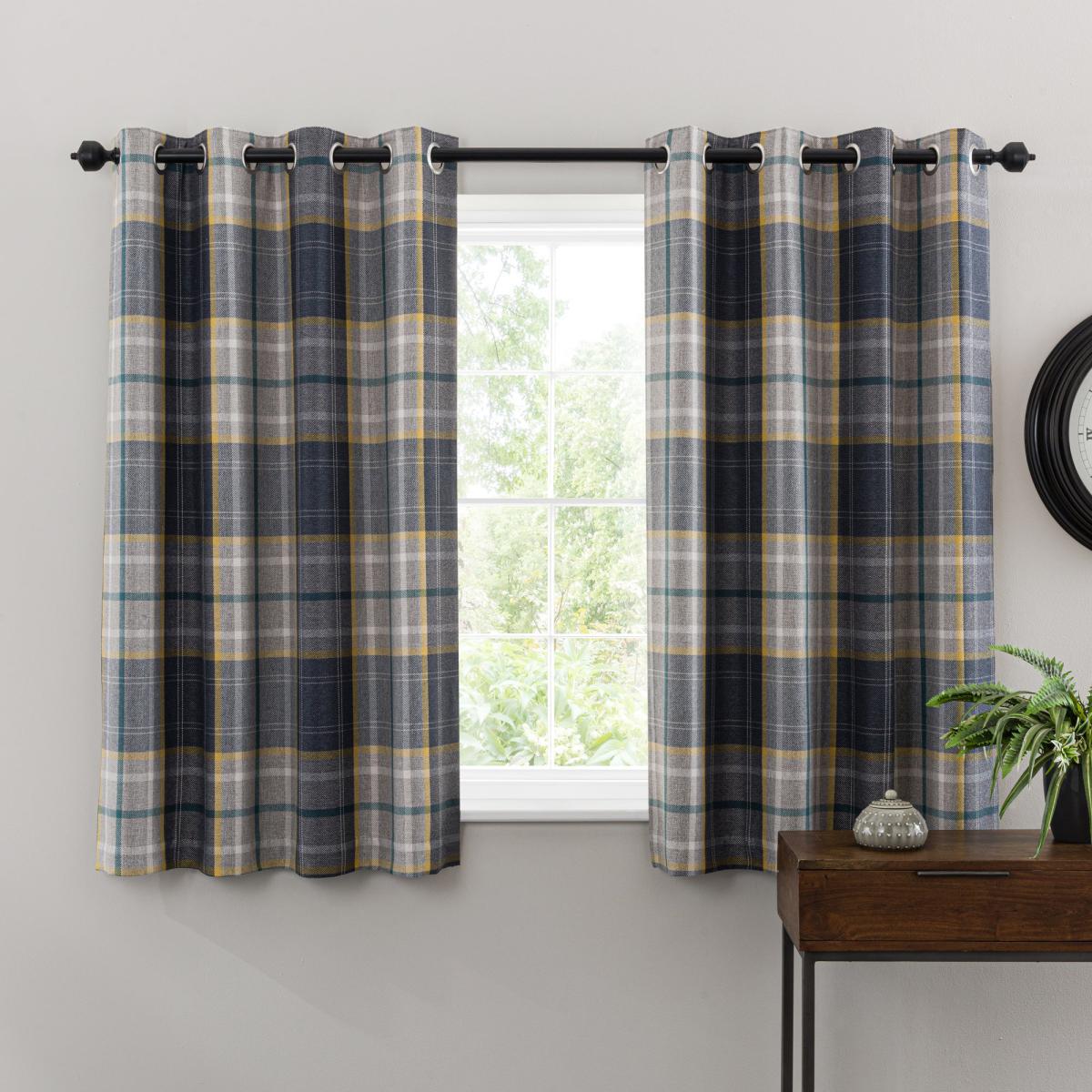 Astley Navy Check Eyelet Curtains Navy Blue, Yellow and Green – image 5