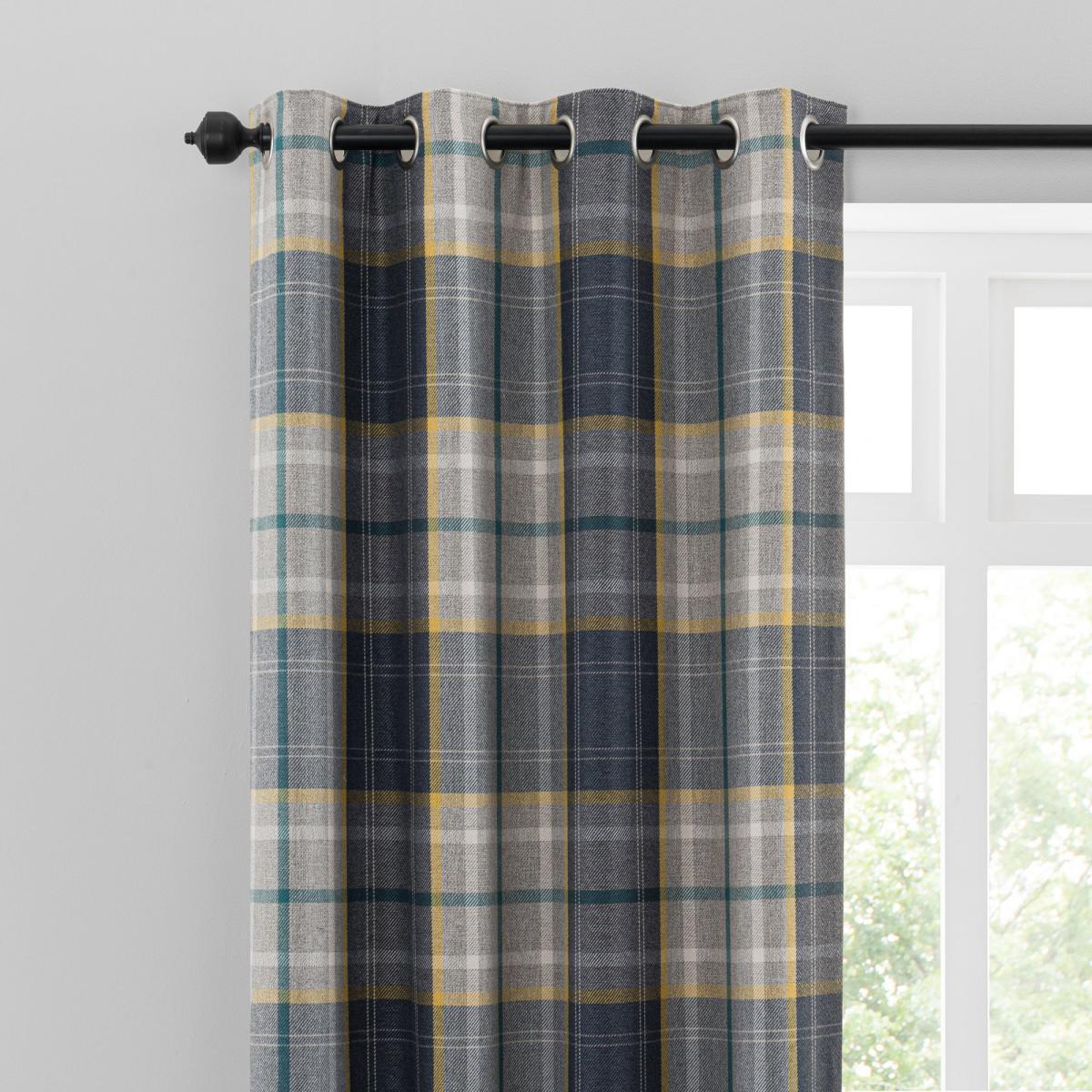 Astley Navy Check Eyelet Curtains Navy Blue, Yellow and Green – image 1