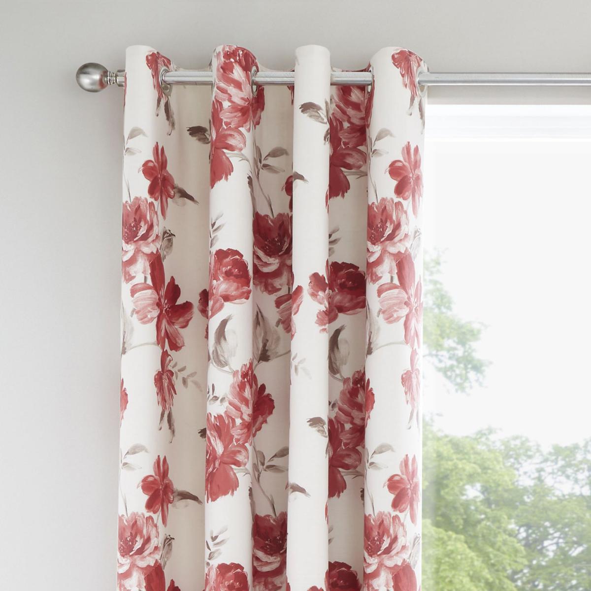 Catherine Lansfield Painted Floral Red Eyelet Curtains Red, Brown and White – image 2