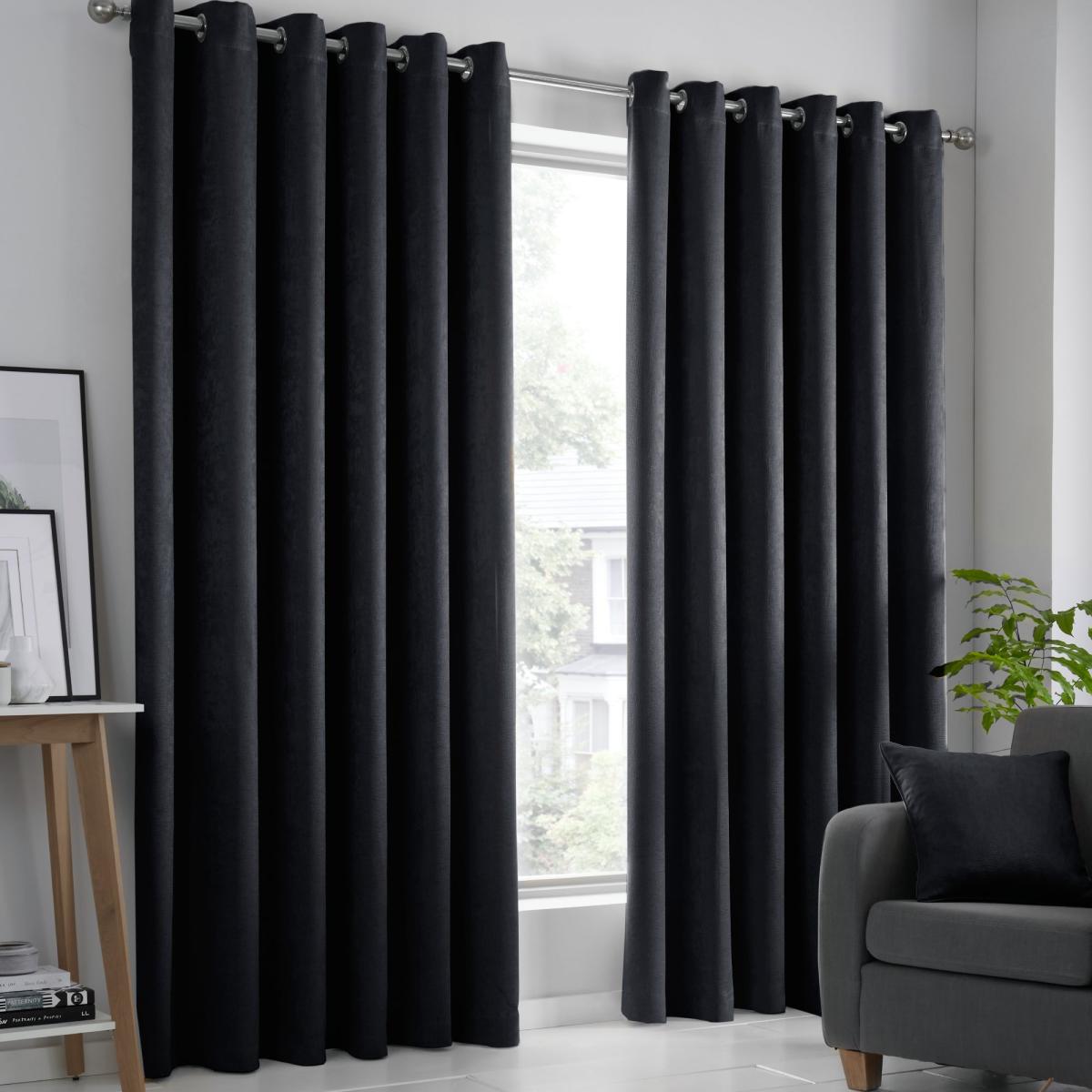 Fusion Strata Dim Out Woven Black Eyelet Curtains Black – image 2