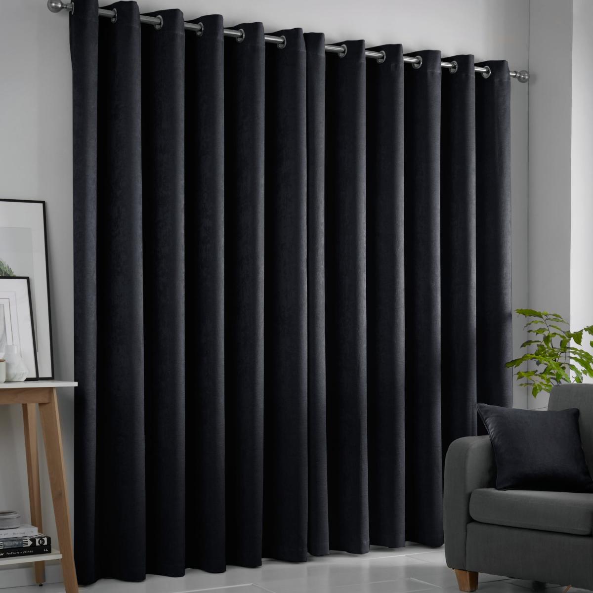 Fusion Strata Dim Out Woven Black Eyelet Curtains Black – image 3
