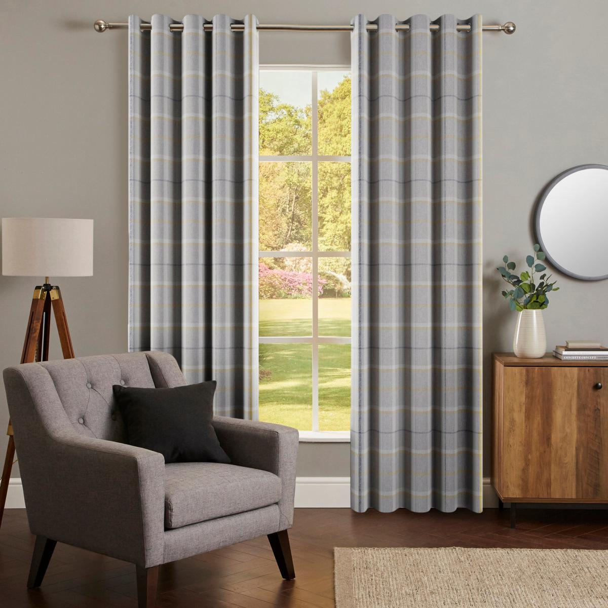 Bergen Check Ochre Blackout Eyelet Curtains Beige, Yellow and Blue – image 2