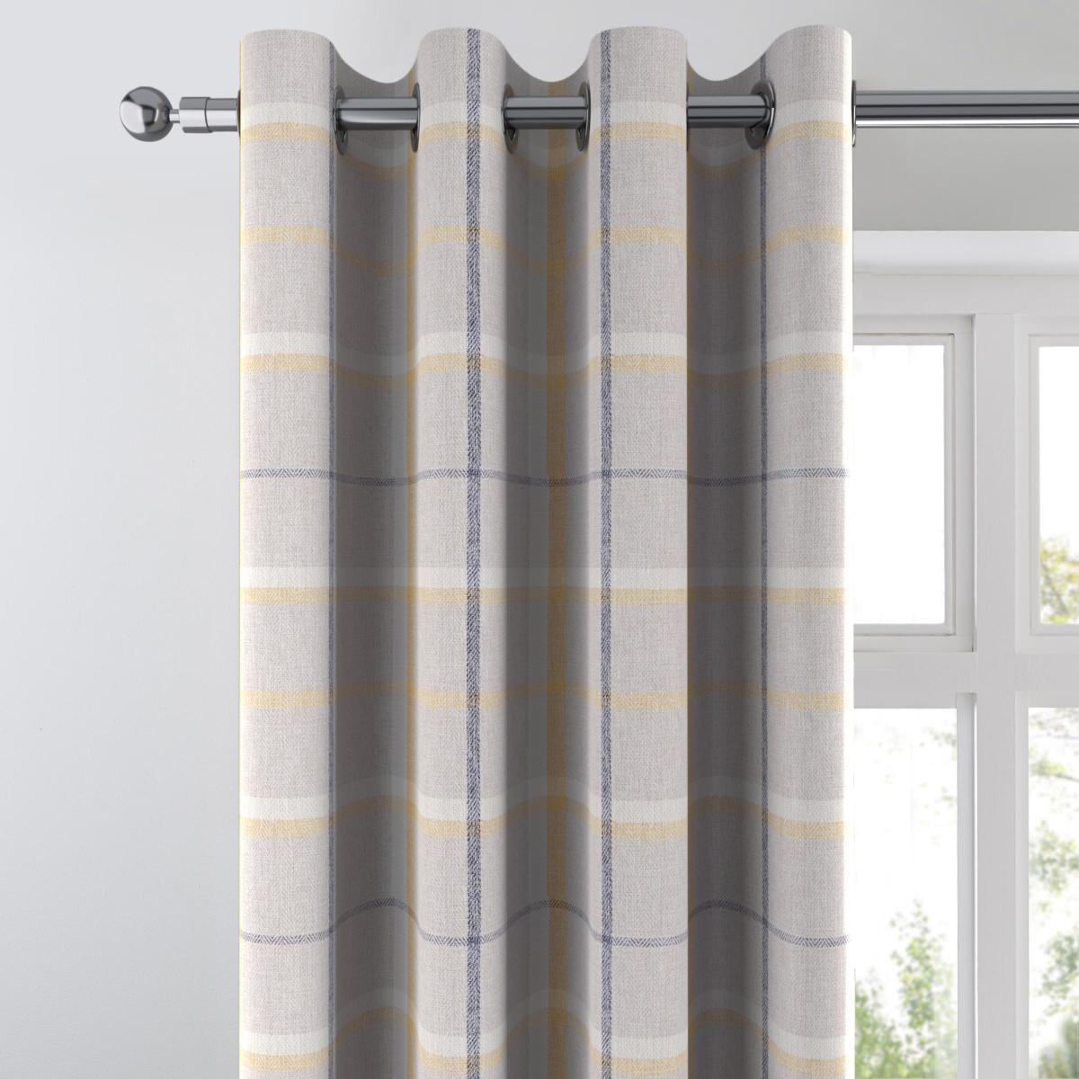 Bergen Check Ochre Blackout Eyelet Curtains Beige, Yellow and Blue – image 1