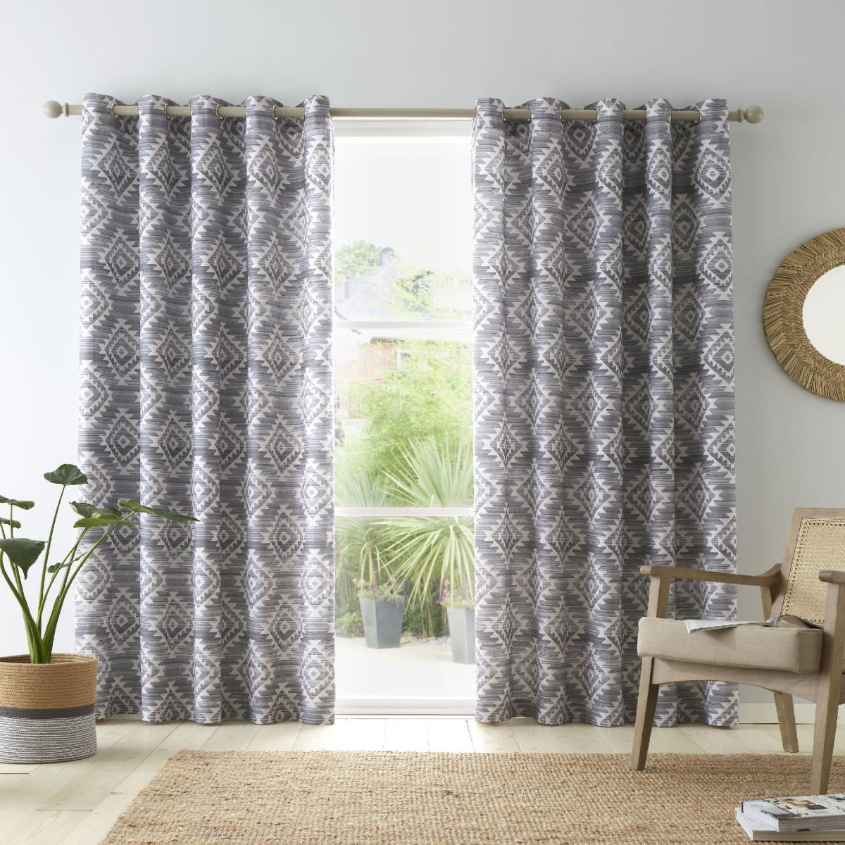 Catherine Lansfield Aztec Geo Charcoal Eyelet Curtains Grey/White – image 2