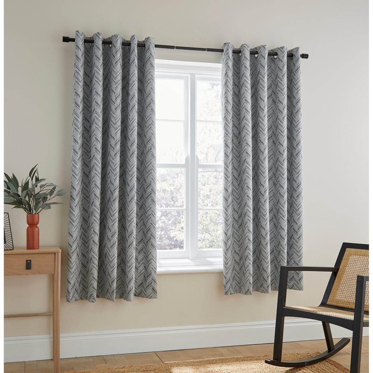Chevron Printed Grey Blackout Eyelet Curtains Grey/White – image 2