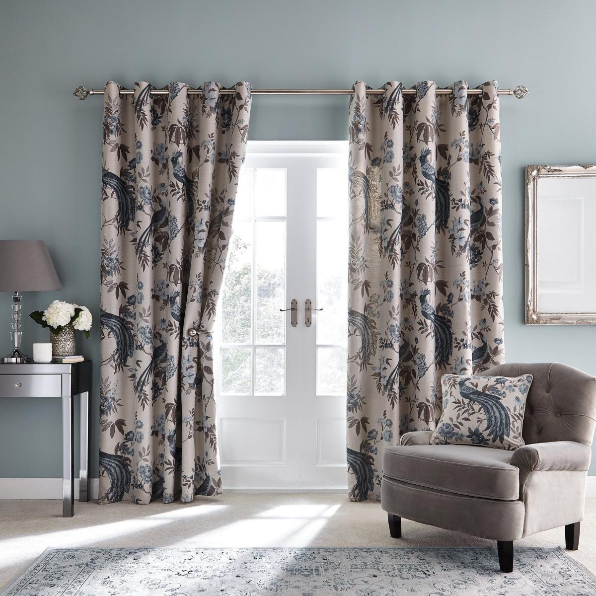Palace Birds Jacquard Duck Egg Eyelet Curtains Beige and Blue – image 2