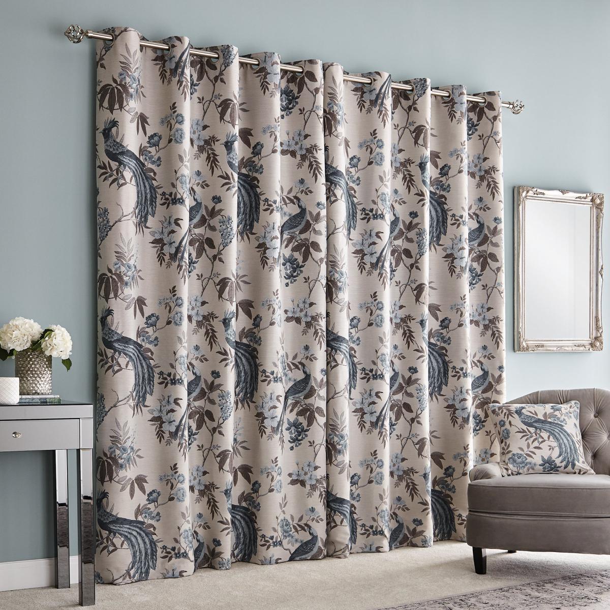 Palace Birds Jacquard Duck Egg Eyelet Curtains Beige and Blue – image 3