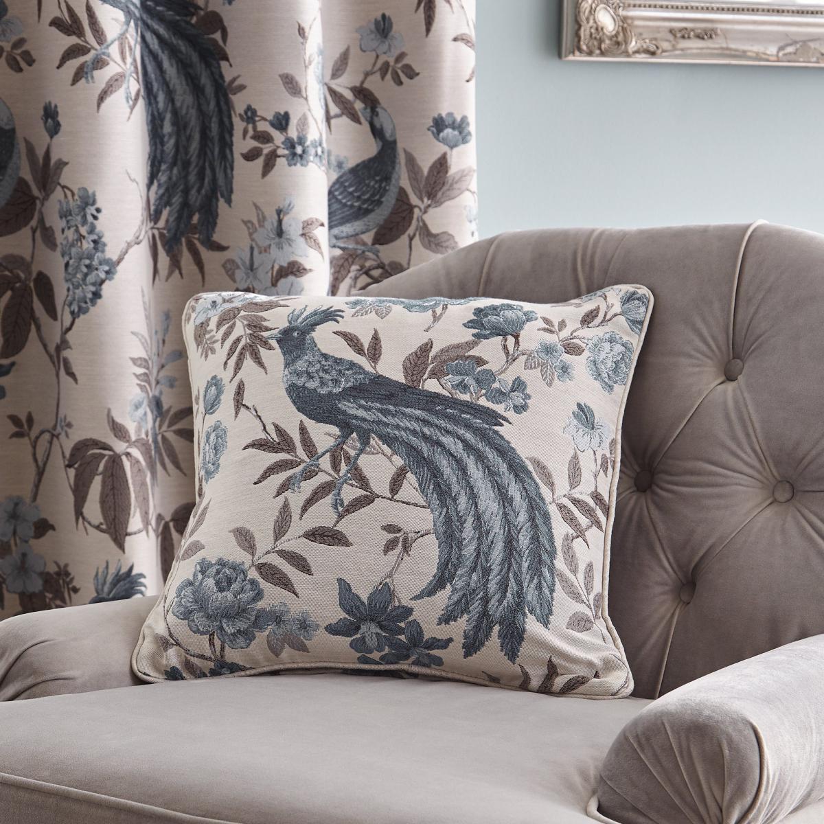 Palace Birds Jacquard Duck Egg Eyelet Curtains Beige and Blue – image 5