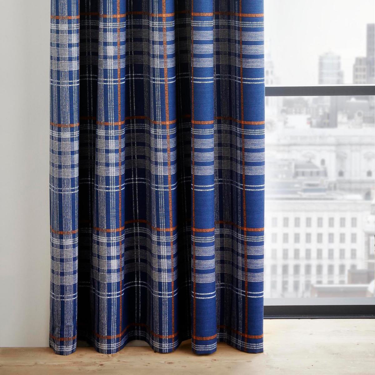 Lennox Check Navy Blackout Eyelet Curtains Navy Blue, Brown and White – image 3