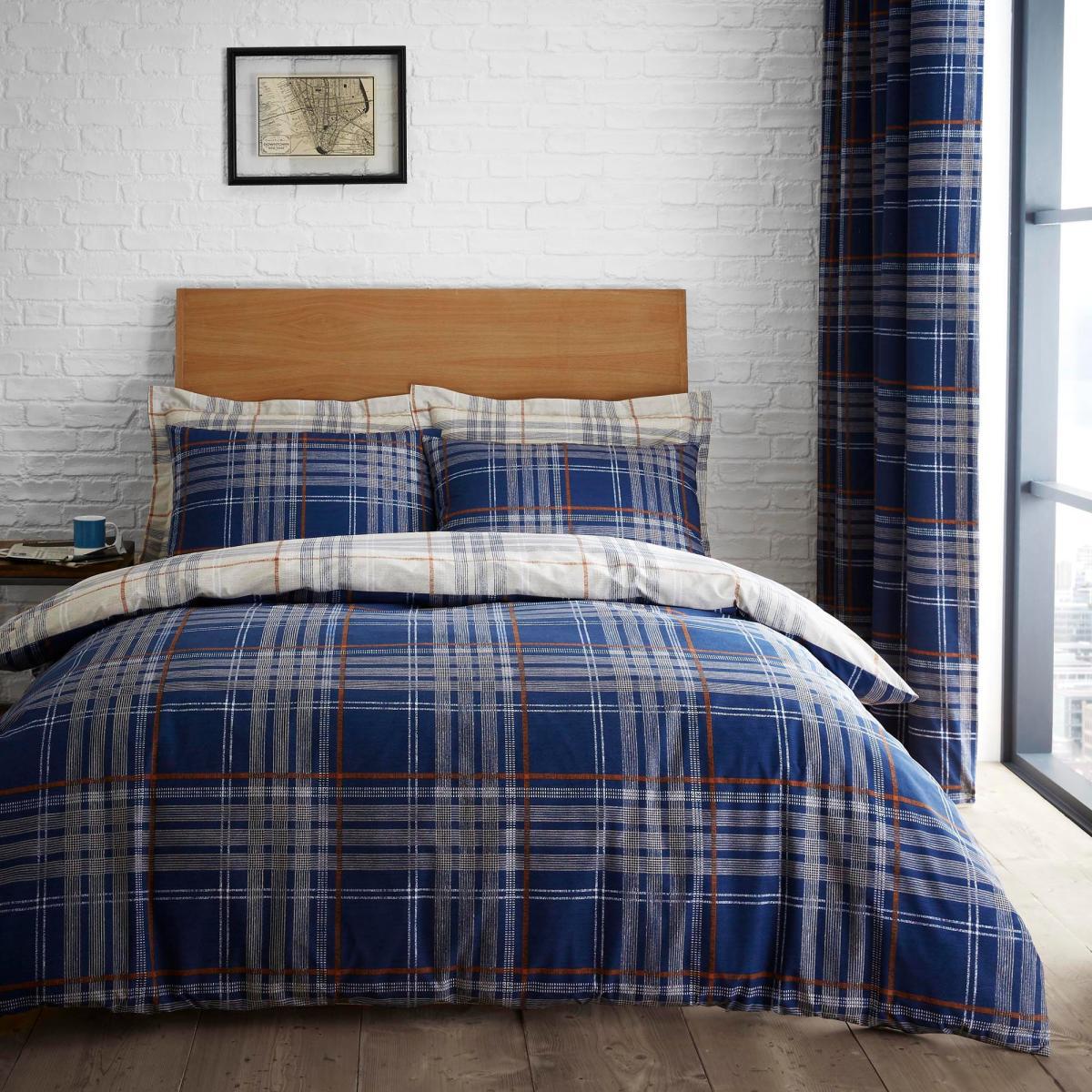 Lennox Check Navy Blackout Eyelet Curtains Navy Blue, Brown and White – image 4