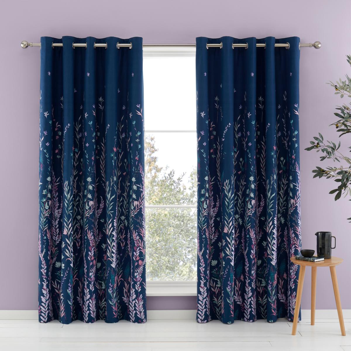 Whimsical Floral Midnight Blackout Eyelet Curtains Blue/Green/Pink – image 2
