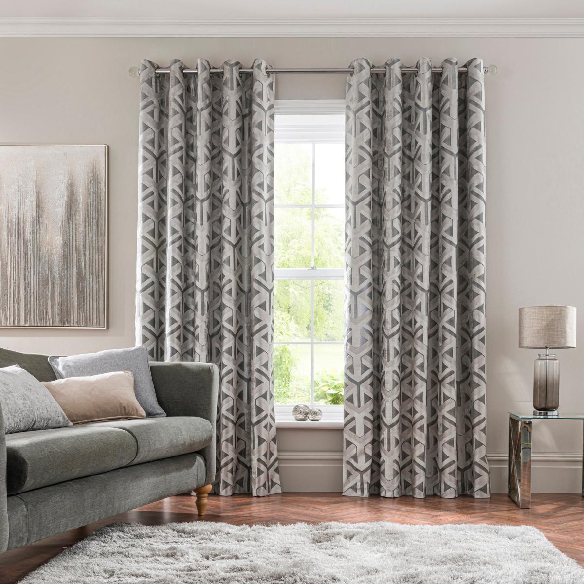Lux Geo Jacquard Silver Eyelet Curtains Silver and Grey – image 2
