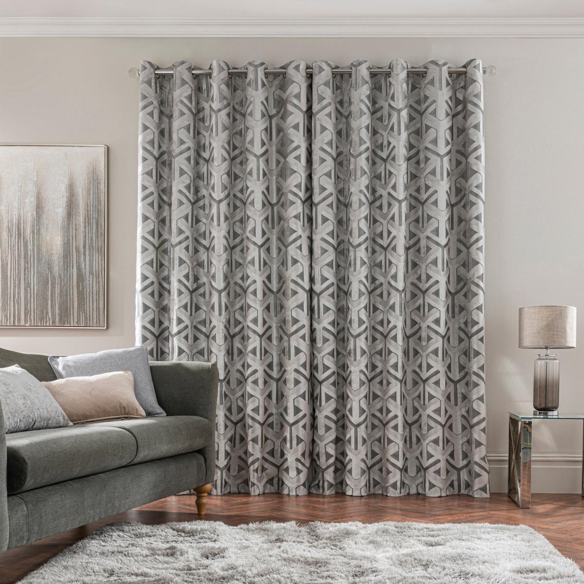 Lux Geo Jacquard Silver Eyelet Curtains Silver and Grey – image 3