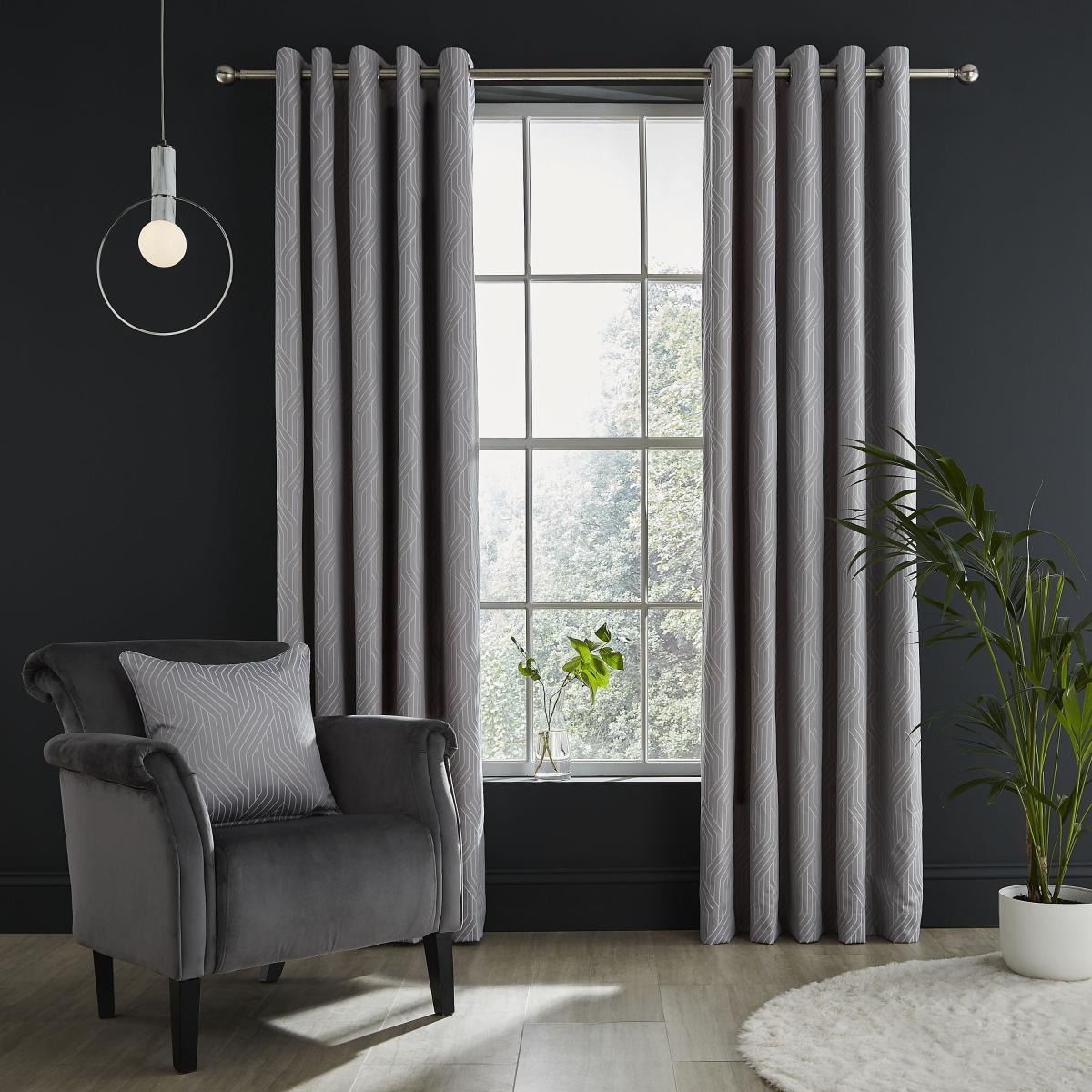 Catherine Lansfield Linear Geo Silver Eyelet Curtains Silver – image 2
