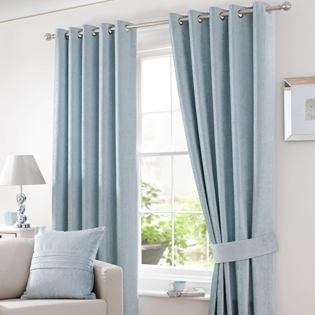 Chenille Duck-Egg Eyelet Curtains Blue – image 2