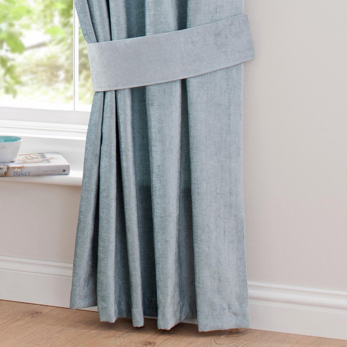 Chenille Duck-Egg Eyelet Curtains Blue – image 5