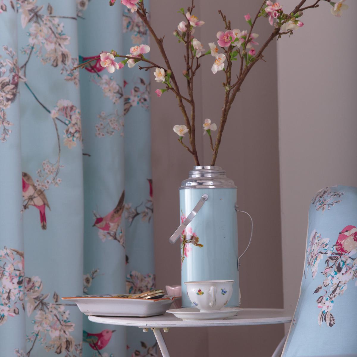 Beautiful Birds Duck-Egg Thermal Eyelet Curtains Blue, Pink and White – image 3