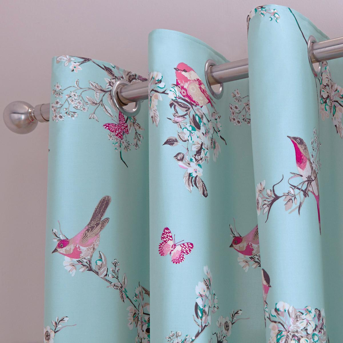 Beautiful Birds Duck-Egg Thermal Eyelet Curtains Blue, Pink and White – image 4