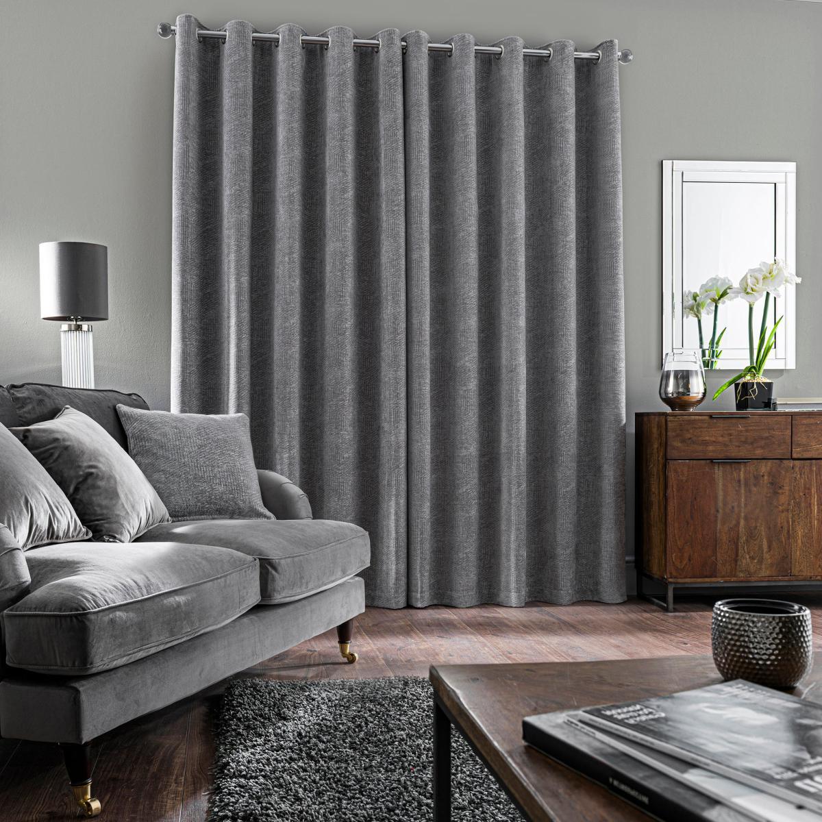 Chenille Geo Grey Eyelet Curtains Grey – image 3