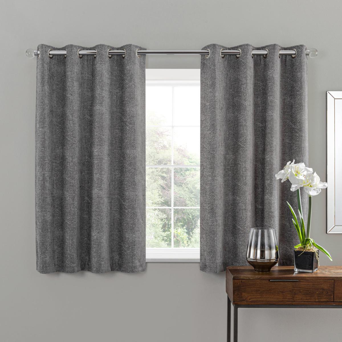 Chenille Geo Grey Eyelet Curtains Grey – image 4