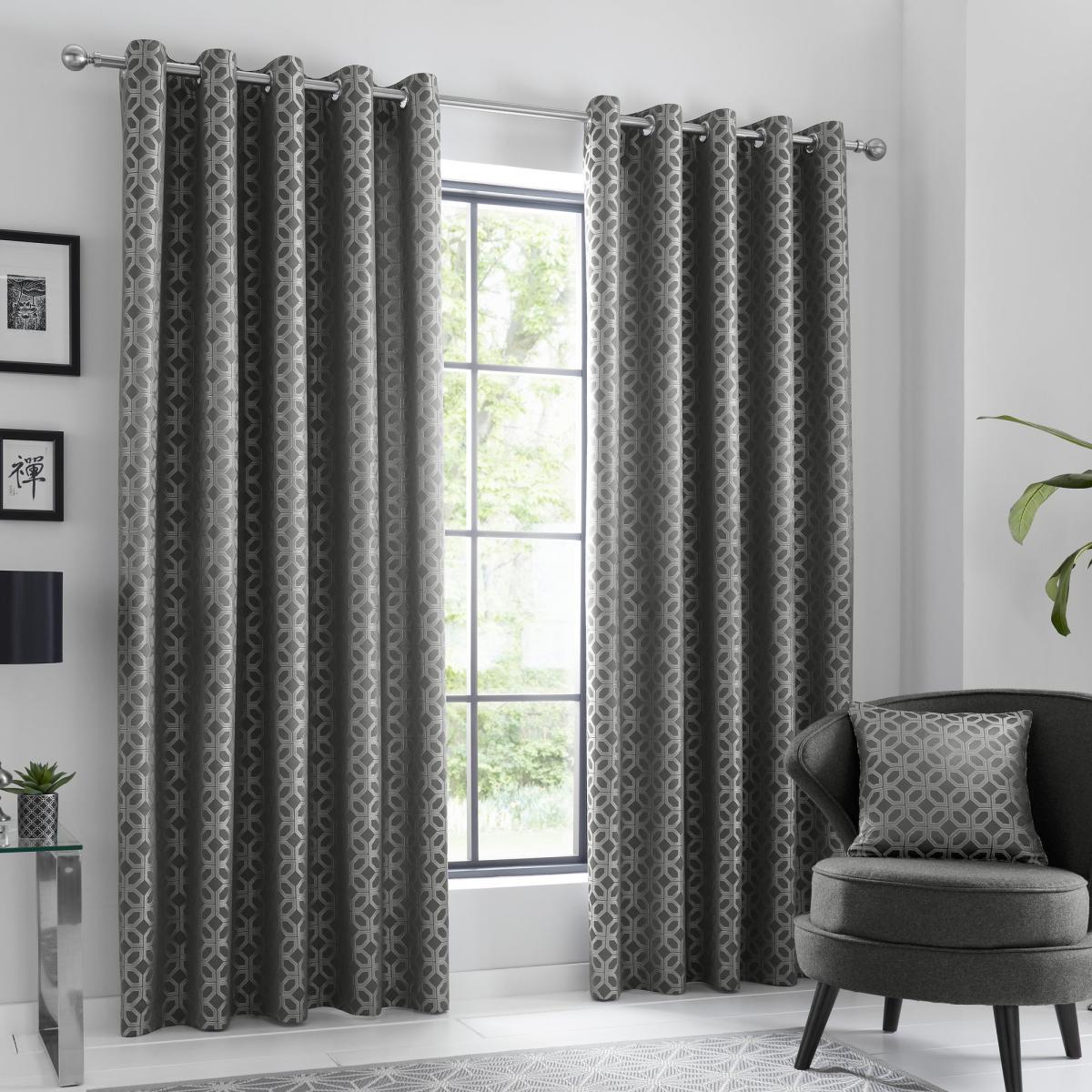 Curtina Oriental Squares Geometric Charcoal Eyelet Curtains Charcoal and White – image 2