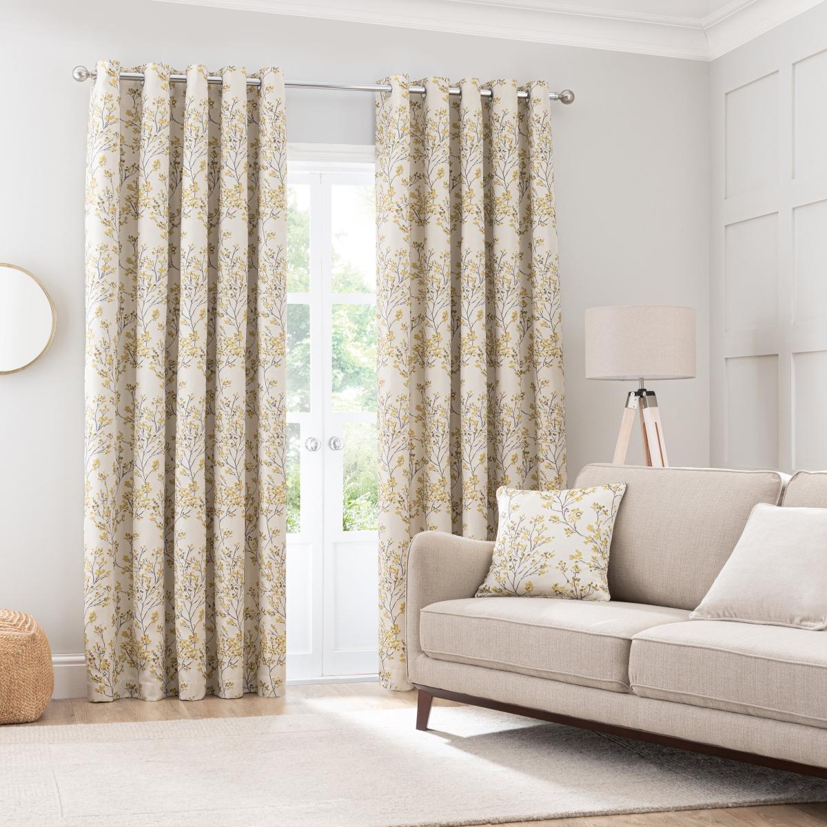 Sakura Ochre Floral Blackout Eyelet Curtains Yellow – image 2
