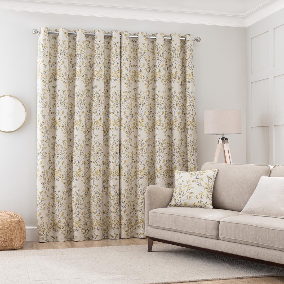 Sakura Ochre Floral Blackout Eyelet Curtains Yellow – image 4