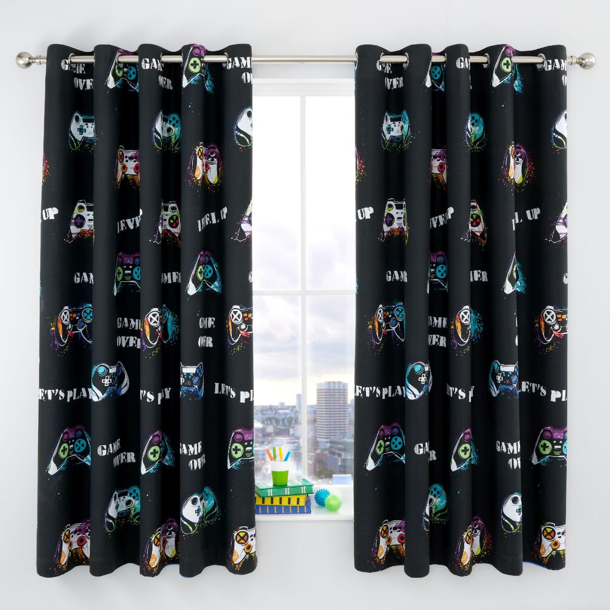 Catherine Lansfield Game Over Black Eyelet Curtains Black/White/Blue – image 2