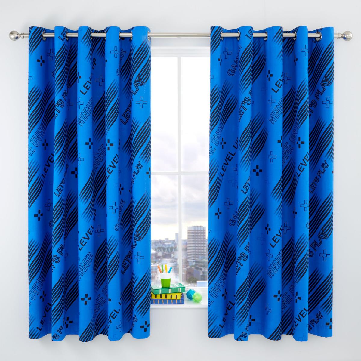 Catherine Lansfield Game Over Black Eyelet Curtains Black/White/Blue – image 3