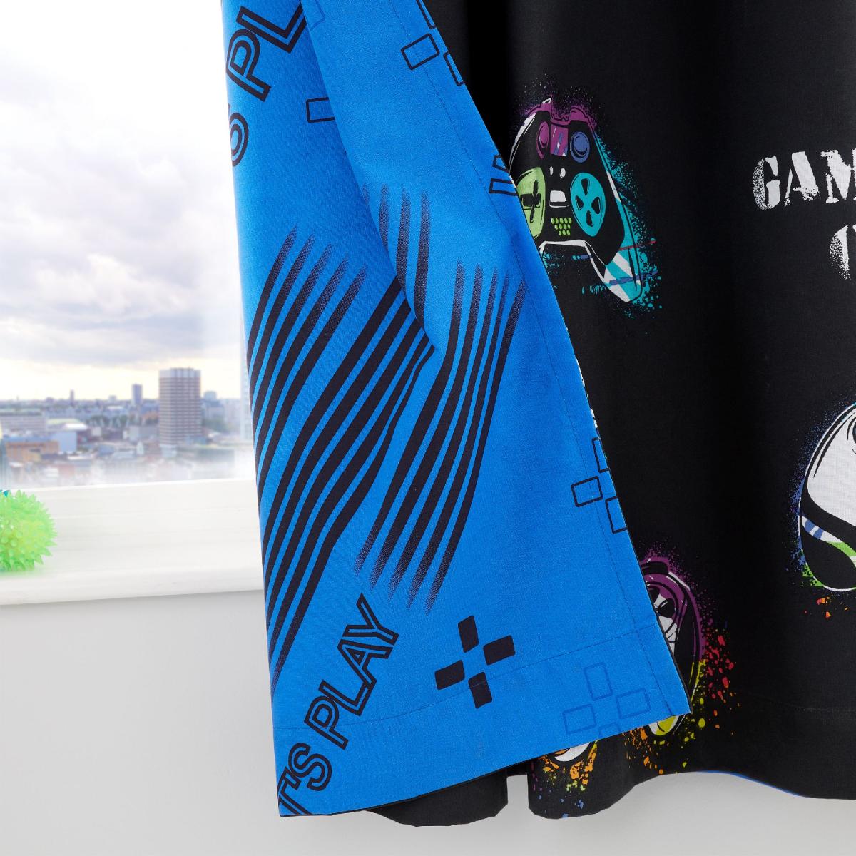 Catherine Lansfield Game Over Black Eyelet Curtains Black/White/Blue – image 4
