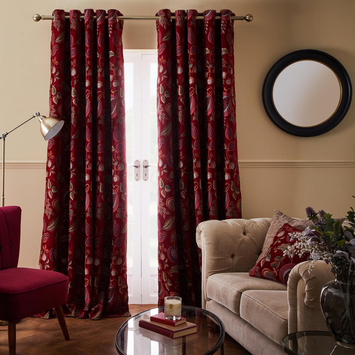 Edina Red Chenille Eyelet Curtains Red and Green – image 2