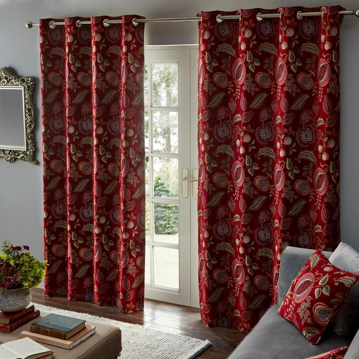 Edina Red Chenille Eyelet Curtains Red and Green – image 5