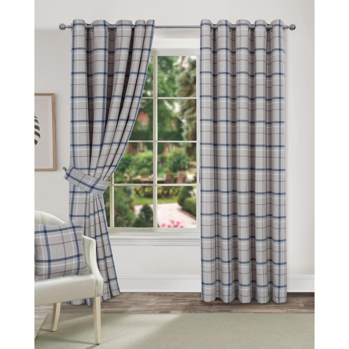 Cosy Check Lined Eyelet Curtains in Blue – image 2