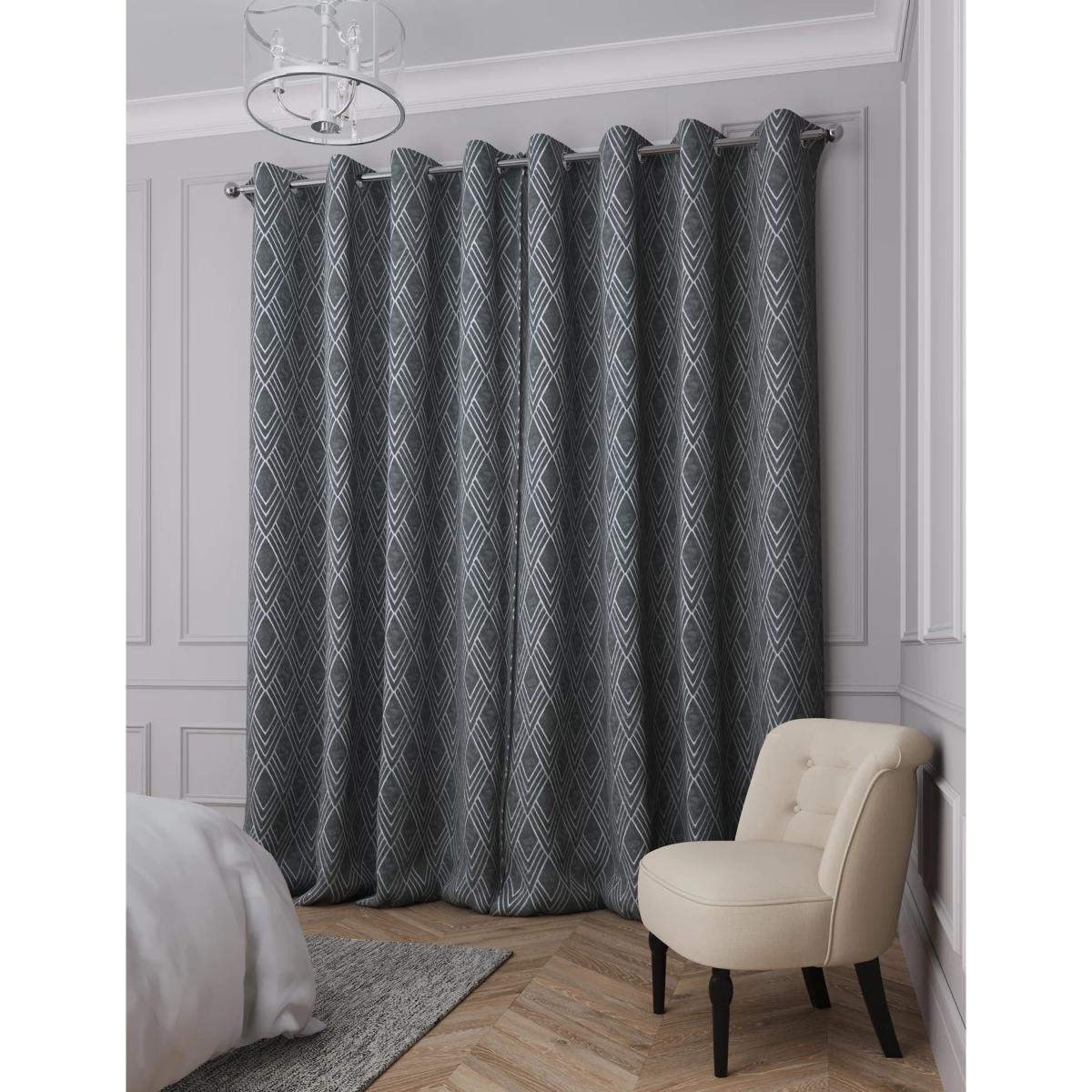 M&S Velvet Geometric Eyelet Curtains - EW90 - Navy, Navy,Grey – image 3