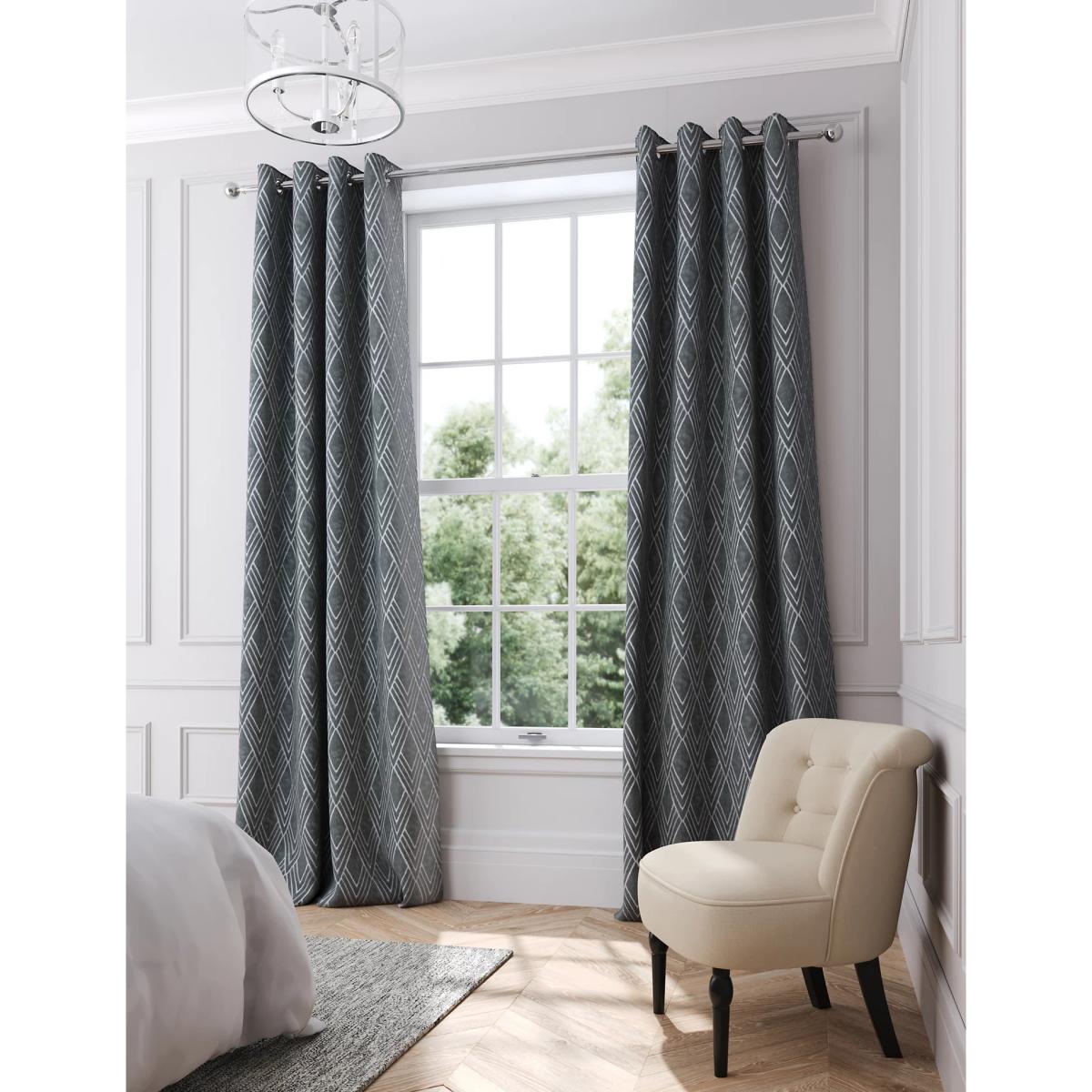 M&S Velvet Geometric Eyelet Curtains - WDR72 - Navy, Navy,Grey – image 4