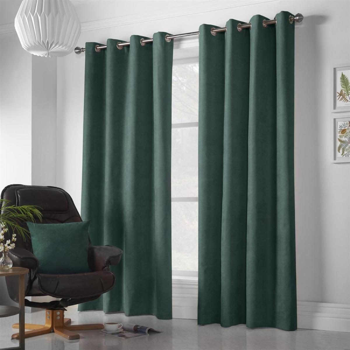 Velvet Chenille Eyelet Ring Top Curtains - Green / 183cm – image 2