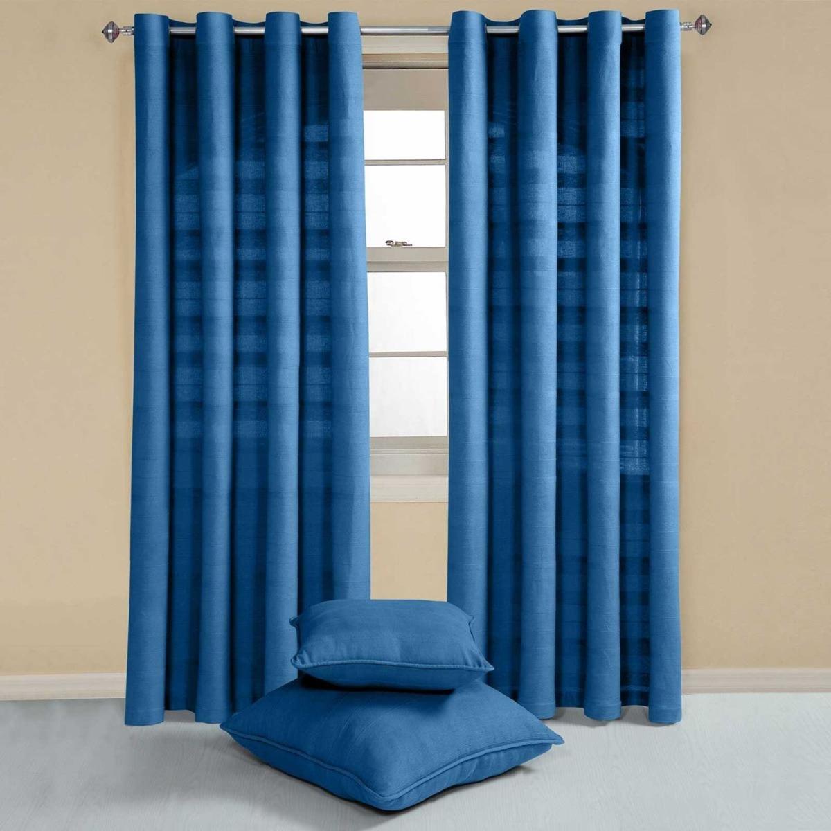 Homescapes Cotton Rajput Ribbed Curtain Pair - Blue / 182cm – image 2