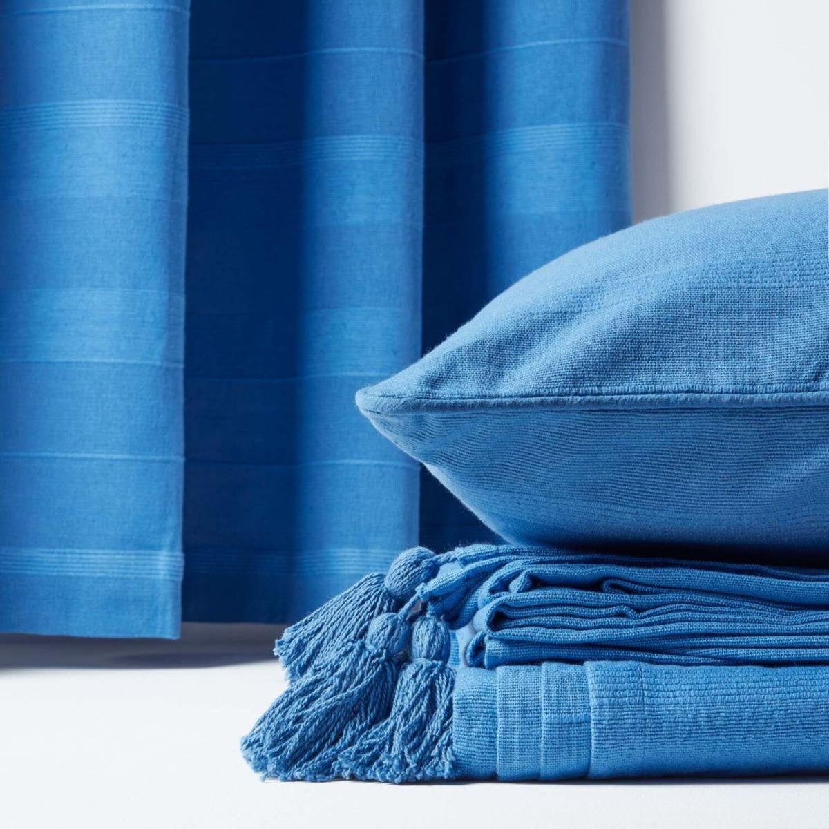 Homescapes Cotton Rajput Ribbed Curtain Pair - Blue / 182cm – image 3