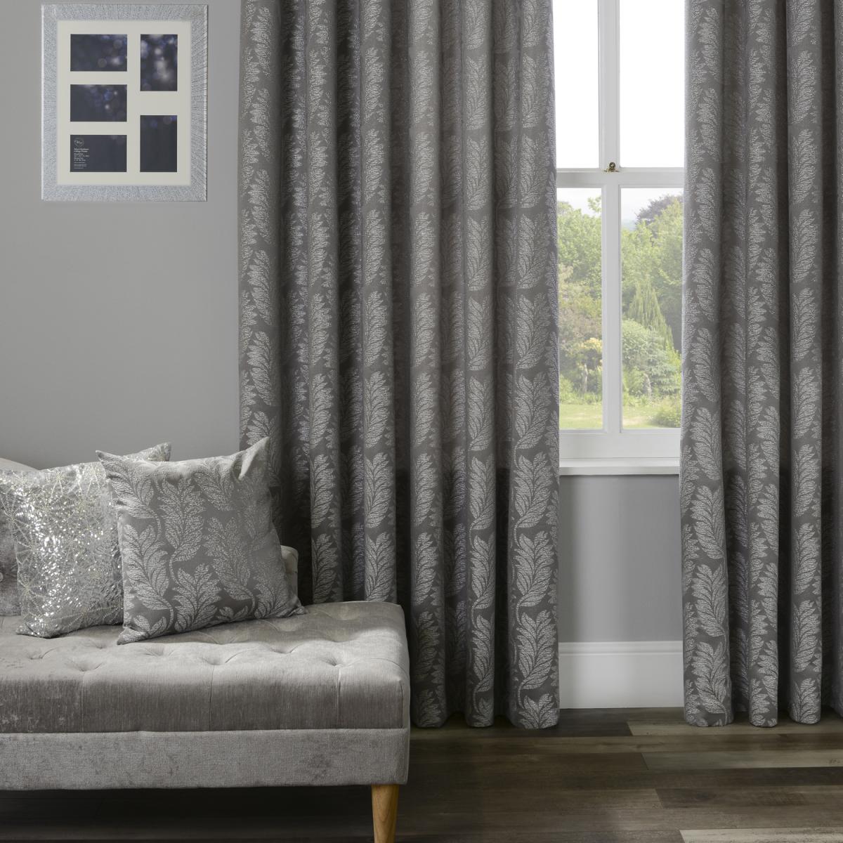 Metallic Jacquard Leaf Lined Curtains - Grey / 168cm / 137cm – image 2
