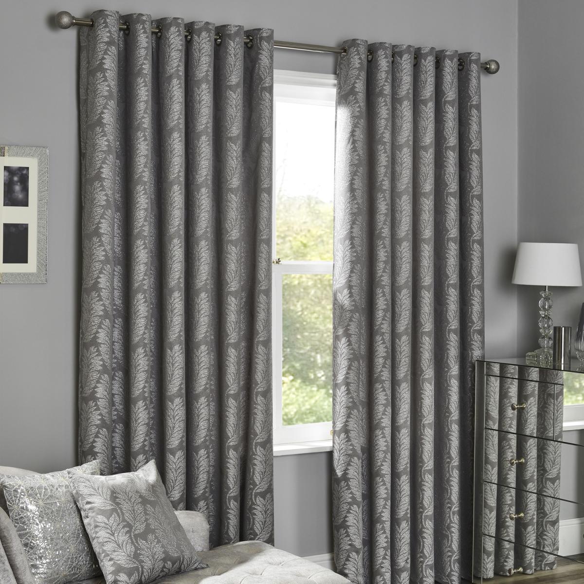 Metallic Jacquard Leaf Lined Curtains - Grey / 168cm / 137cm – image 4