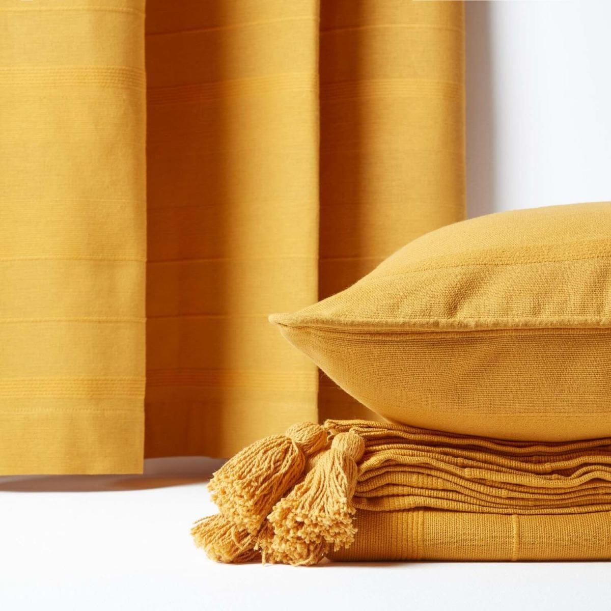 Homescapes Cotton Rajput Ribbed Curtain Pair - Mustard / 137cm – image 3