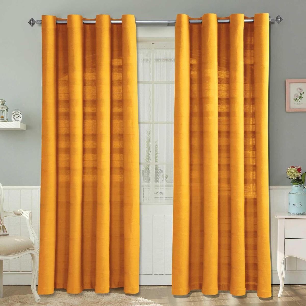 Homescapes Cotton Rajput Ribbed Curtain Pair - Mustard / 137cm – image 1