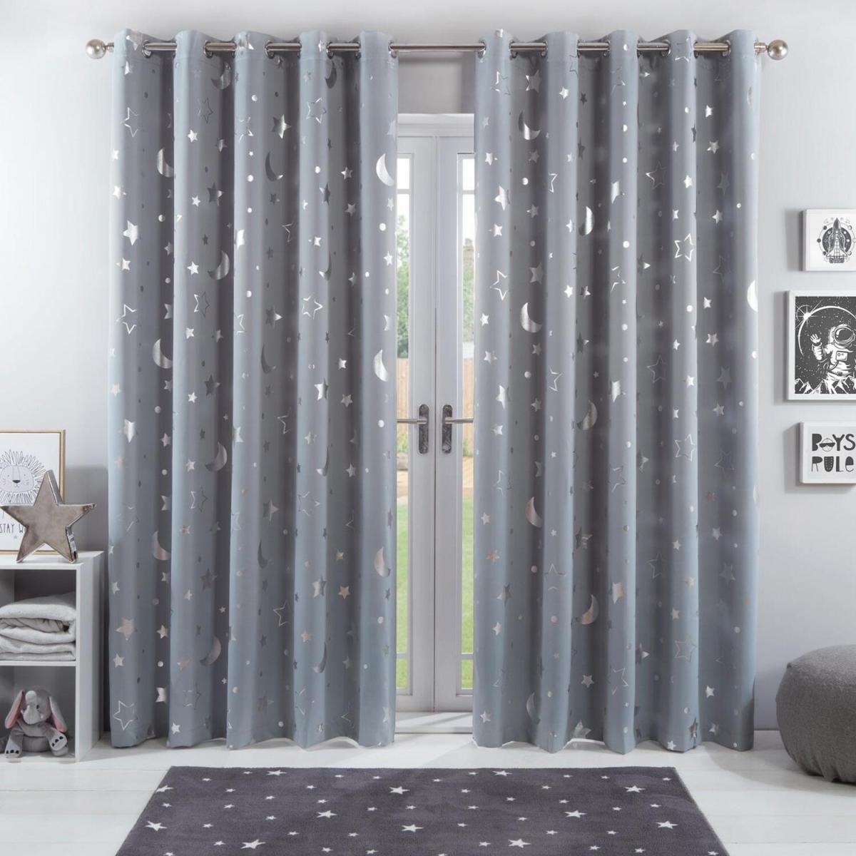 Star Eyelet Pair Of Blackout Curtains - Silver / 90" wide x 90" drop