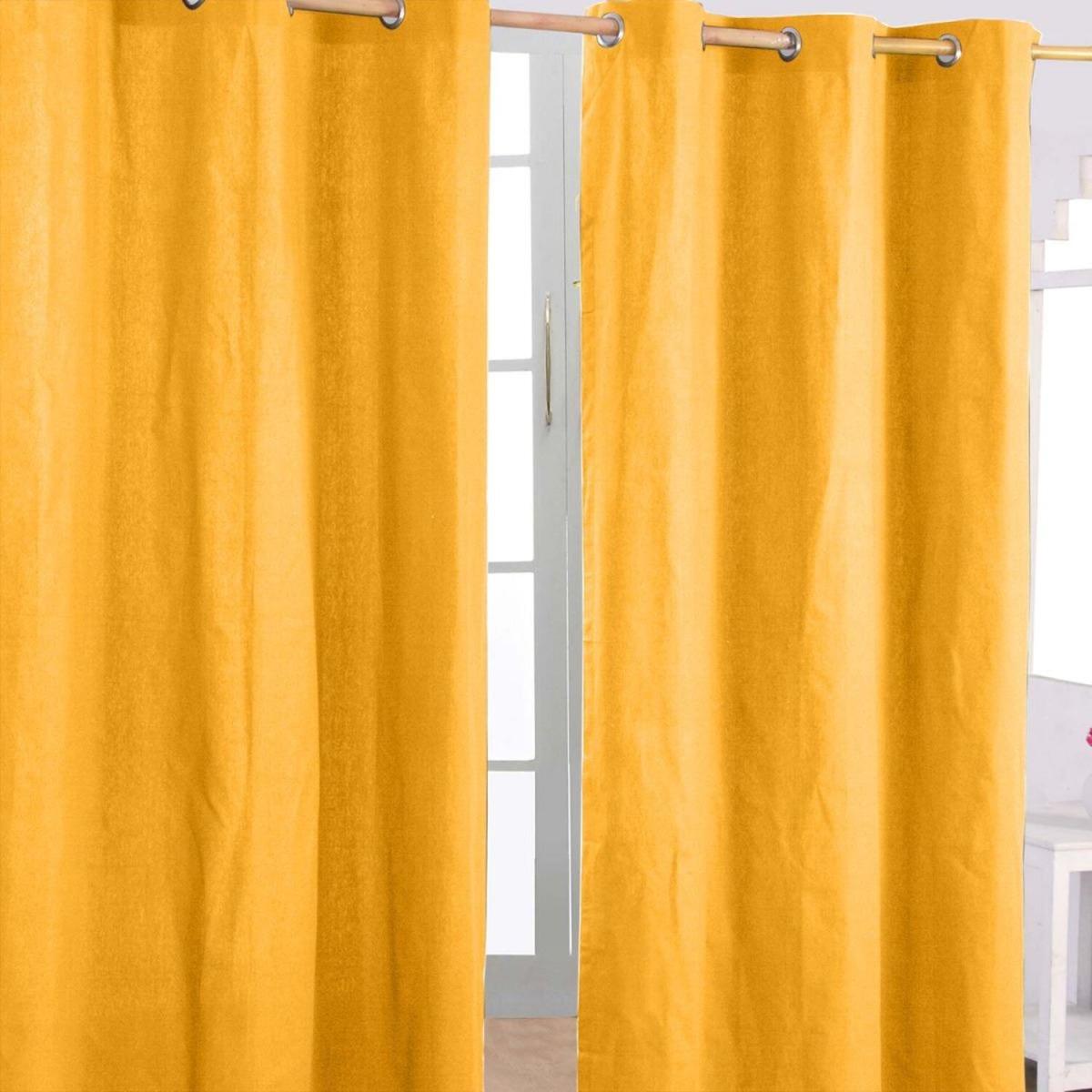 Homescapes Cotton Plain Ready Made Eyelet Curtain Pair - Mustard / 137cm – image 1