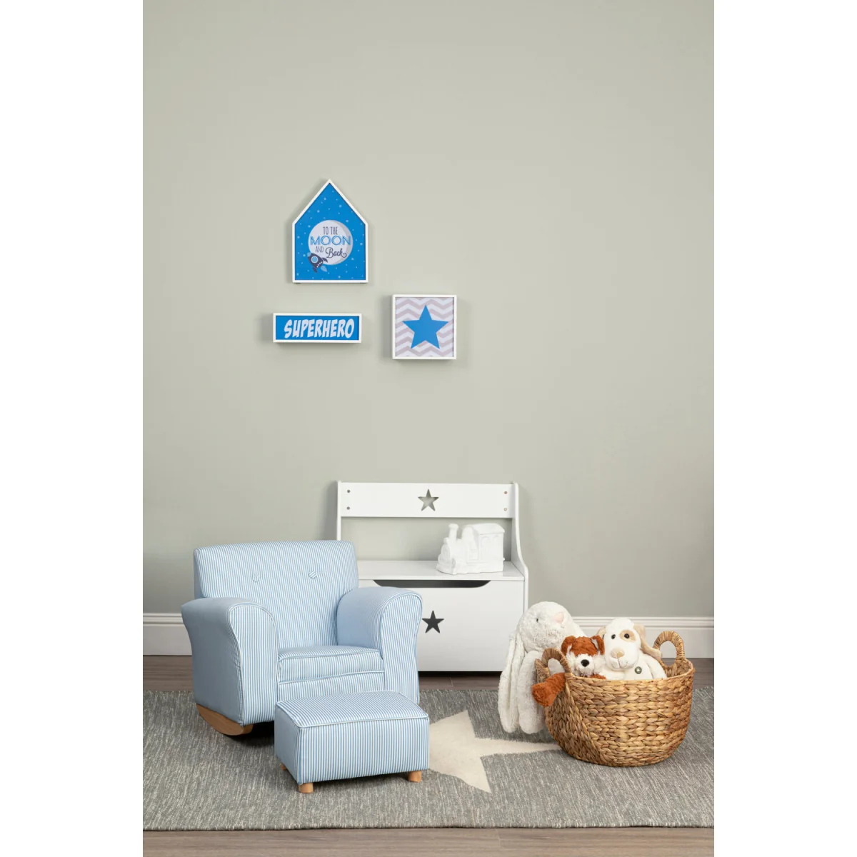 Kids Blue And White Stripe Rocking Chair With Footstool - White, Blue – image 6