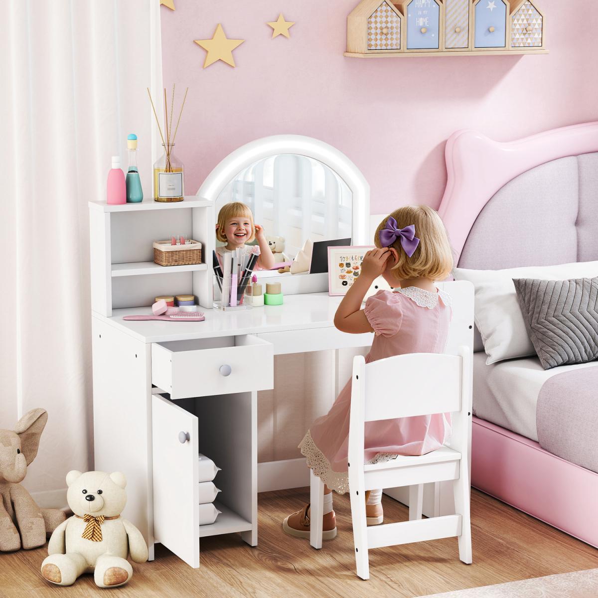 AIYAPLAY Kids Vanity Table and Chair Set with LED Mirror - White
