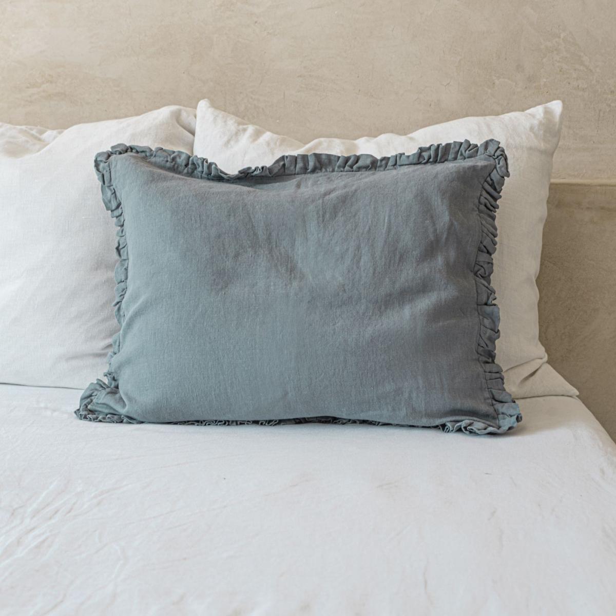 Dusty Blue Ruffled Linen Pillowcase – image 2
