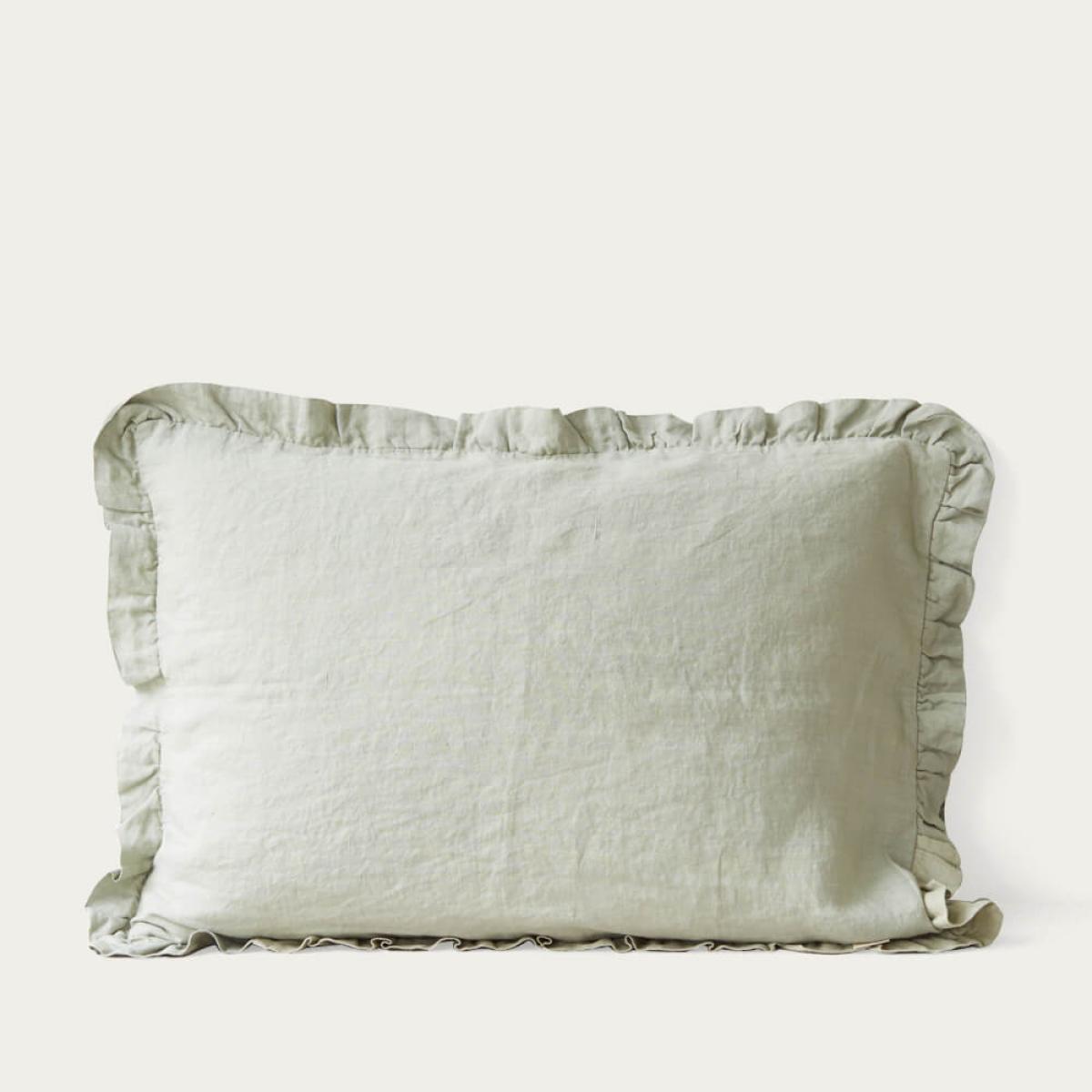 Sage Frilled Washed Linen Pillow Case